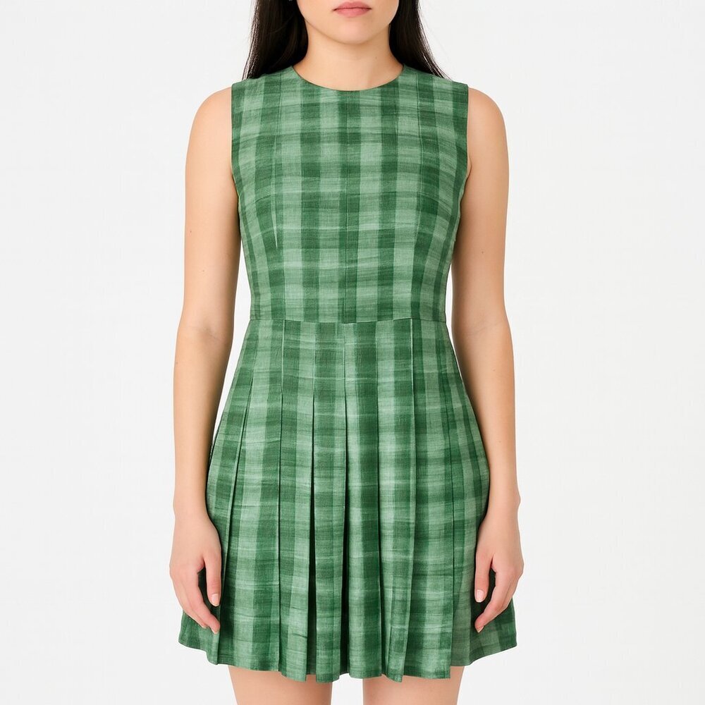 Marc Jacobs Green Plaid Silk Pleated Sleeveless Dress Size 4